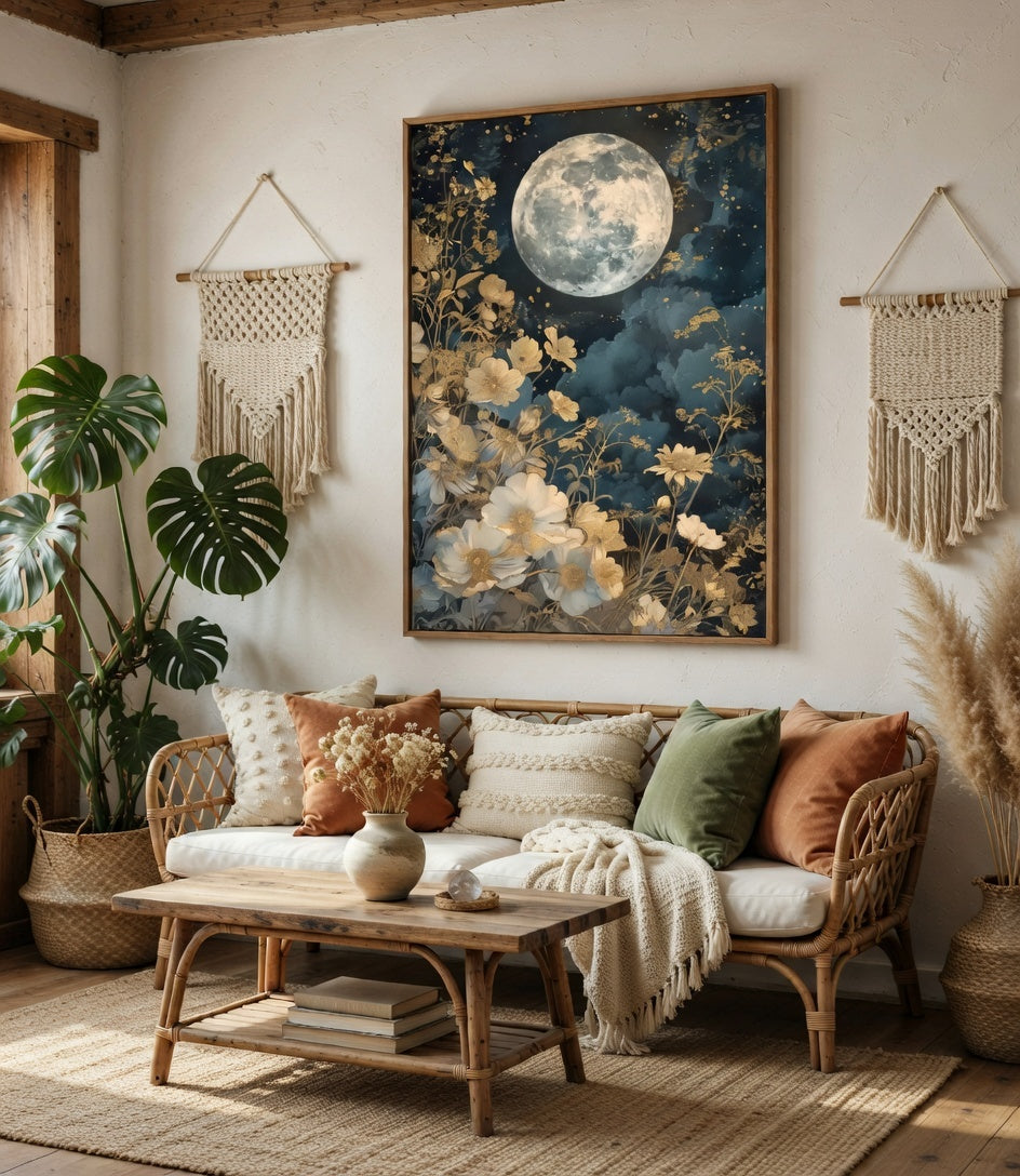 Plakat Full Moon Garden – Pełnia Księżyca nad Nocnym Ogrodem | Celestial Botanical Dekoracja Ścienna