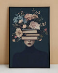 Plakat Blooming Mind – Kobieta z Książkami i Kwiatami | Dark Academia Surreal Dekoracja Ścienna