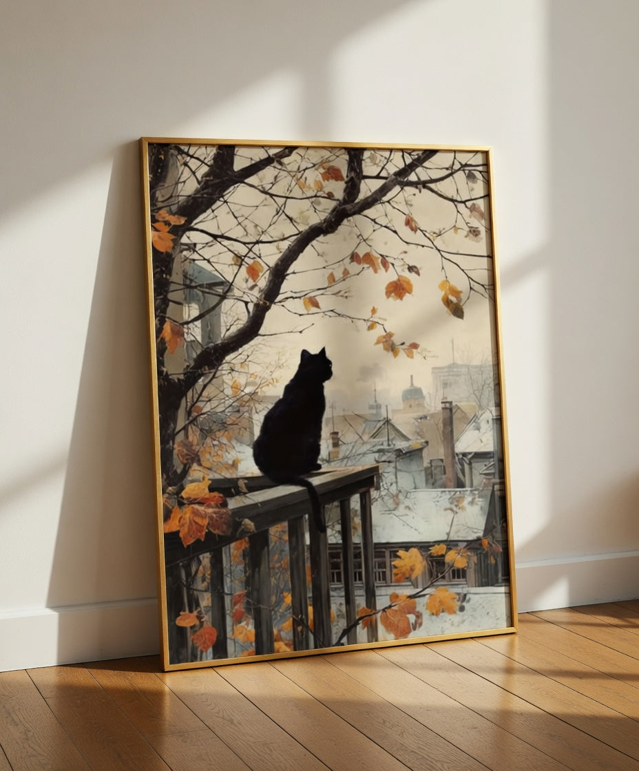 Plakat Silent Watcher of the City – Czarny Kot na Balkonie | Jesienna Dekoracja Ścienna