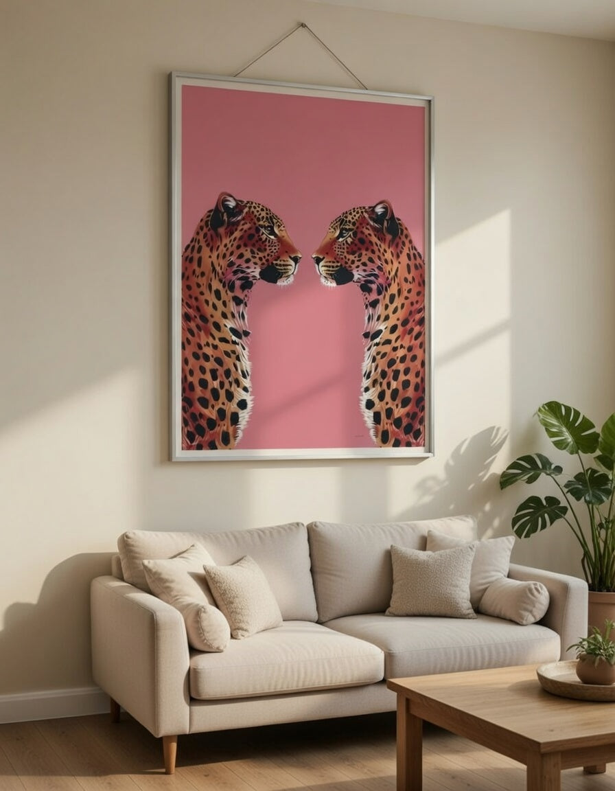 Plakat Twin Leopards – Dwa Gepardy na Różu | Bold Animal Art Maximalist Dekoracja Ścienna