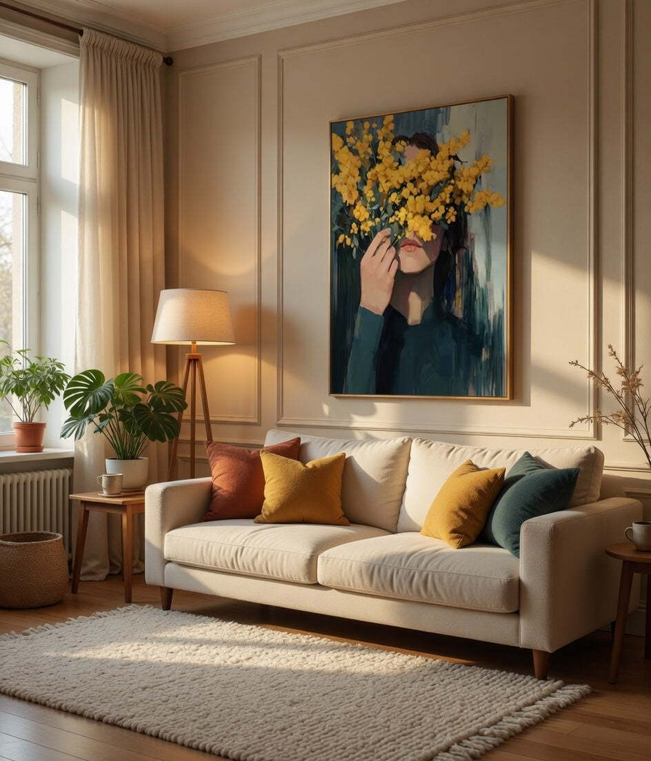 Plakat Mimosa Vision – Kobieta z Mimozą | Expressive Floral Portrait Contemporary Art Dekoracja Ścienna