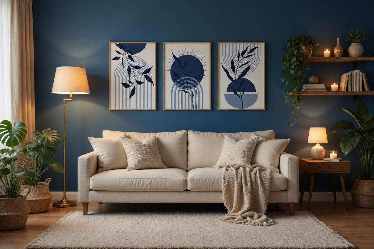 Plakat Navy Botanical Arch – Granatowy Minimalizm z Naturą | Boho Mid-Century Dekoracja Ścienna