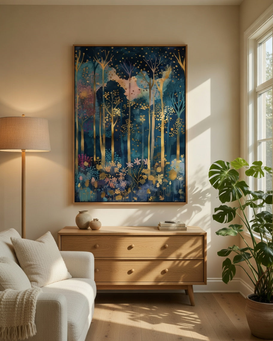 Plakat Golden Forest – Złoty Las z Kwiatami | Whimsical Art Nouveau Dark Luxury Dekoracja Ścienna