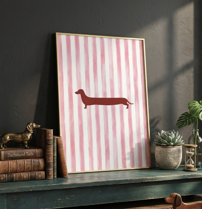 Plakat Dachshund Stripes – Jamnik na Różowych Paskach | Retro Vintage Dekoracja Ścienna