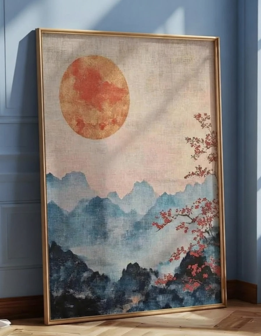 Plakat Rising Sun – Wschodzące Słońce nad Górami | Japanese Art Sakura Dekoracja Ścienna