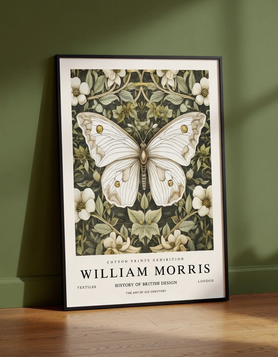Plakat Green Butterfly William Morris – Biały Motyl Botaniczny | Plakat Wystawowy Dekoracja Ścienna