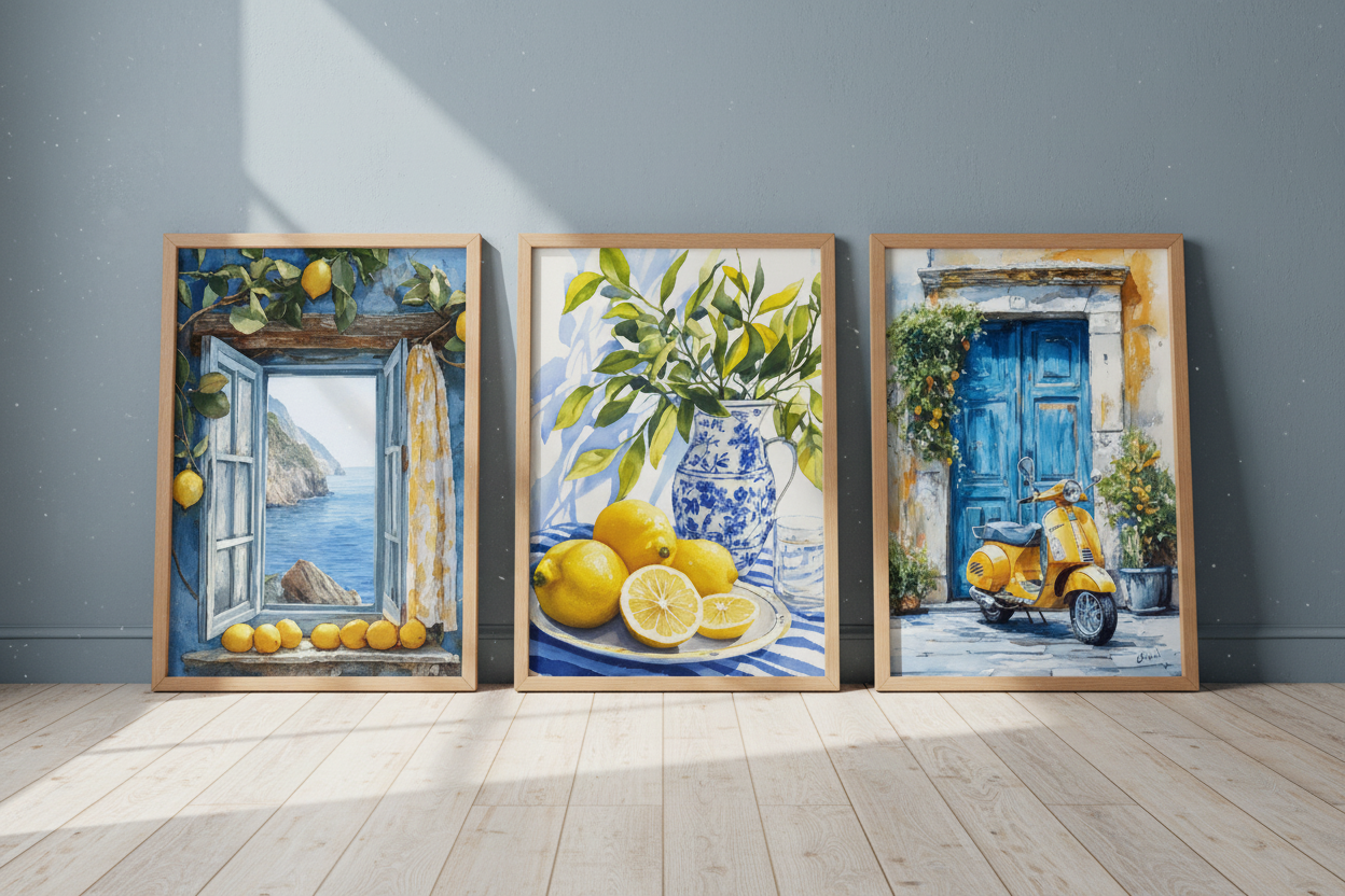 Tryptyk cytrynowy olejny – plakaty przy ścianie