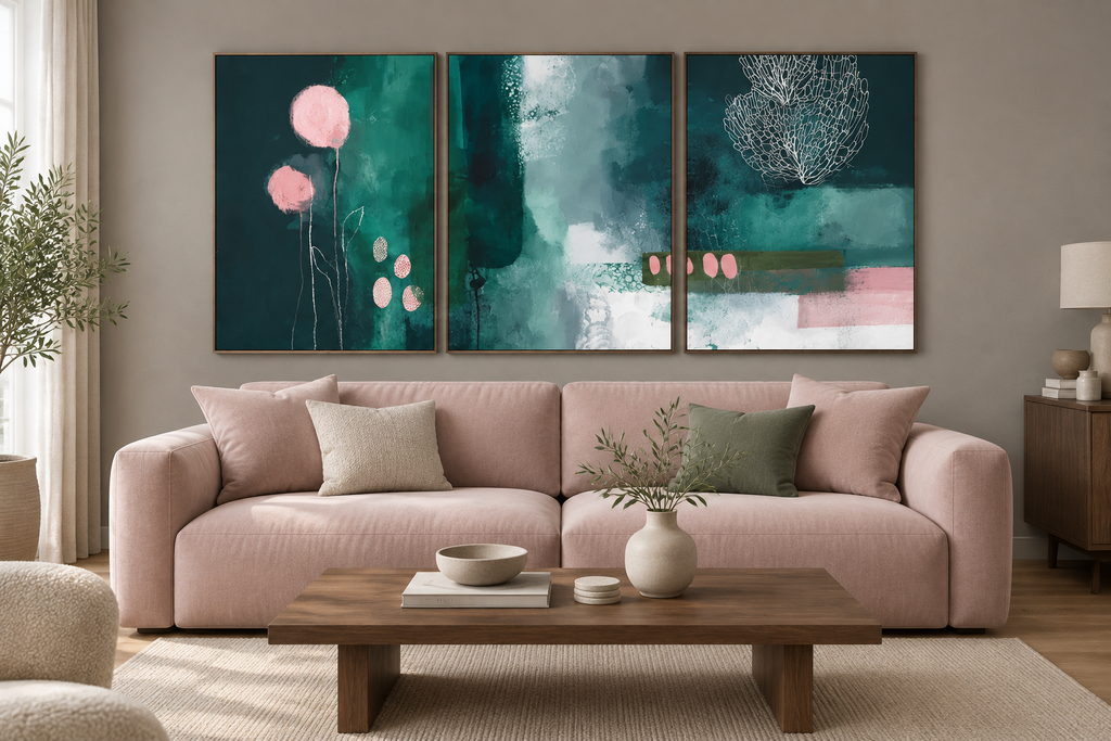 Tryptyk w salonie z różową sofą