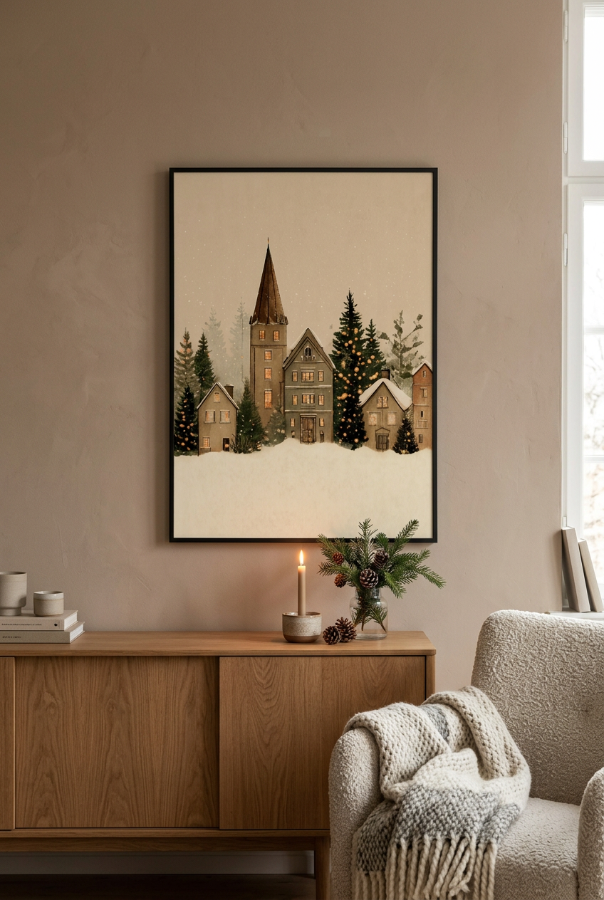 Zimowy plakat w przytulnym salonie